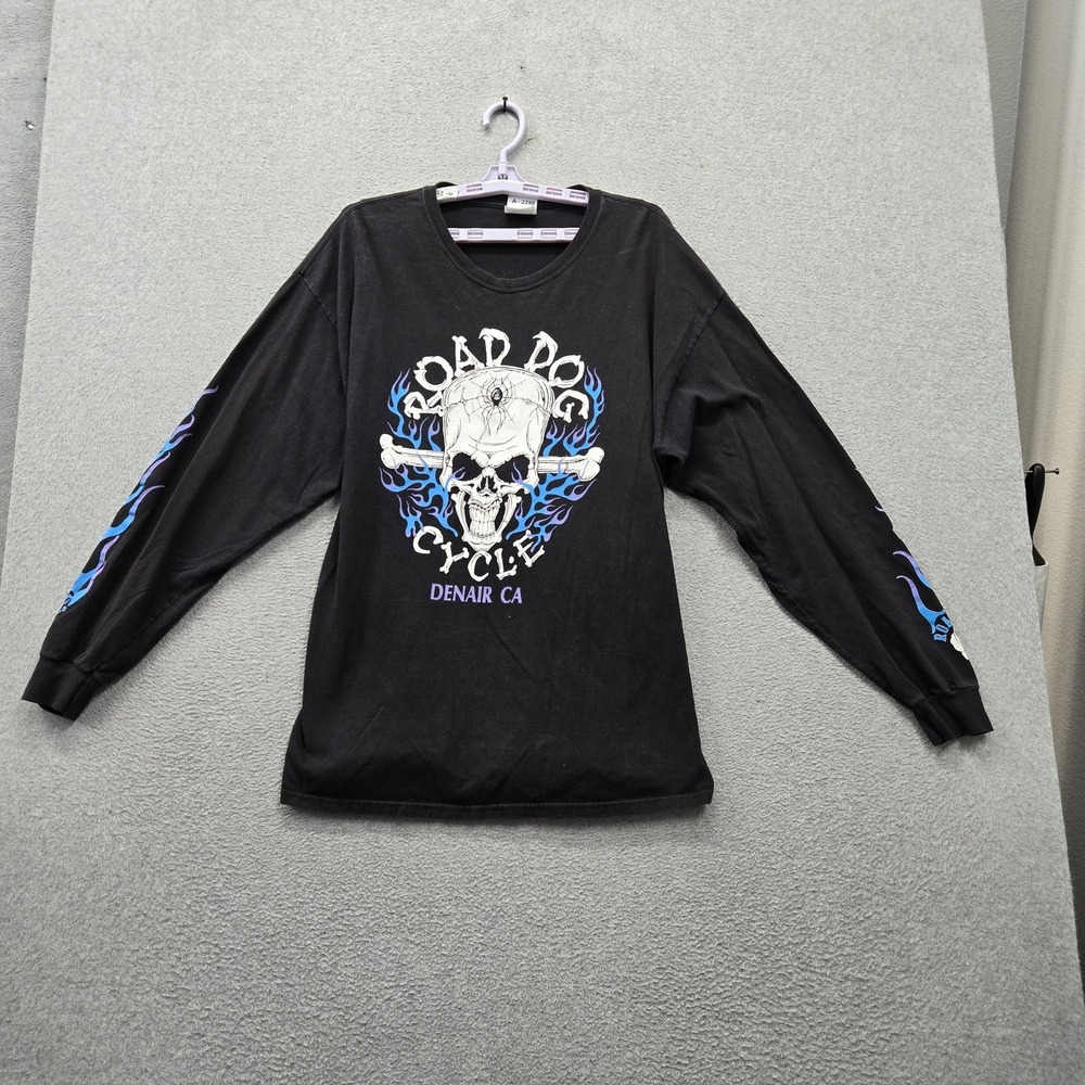 VINTAGE Road Dog Cycle Men Shirt XL Black Skull Flames Tee Y2K Grunge